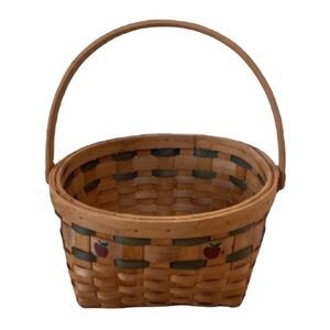 Vintage Basket Woven Wood Slat Hinged Handle Apple Design Green Accent 8.5x10”